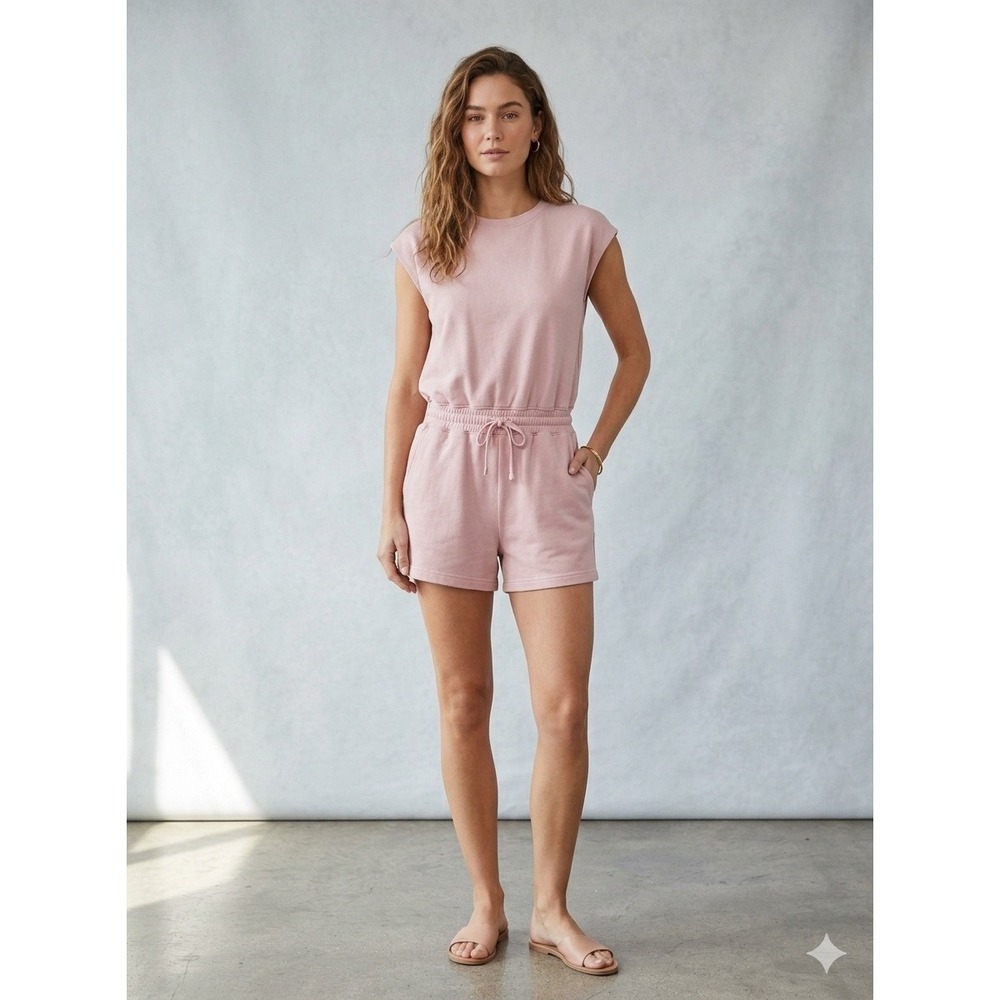 Women's Pink Sleeveless Short Romper Elastic Drawstring Waist Open-back Large